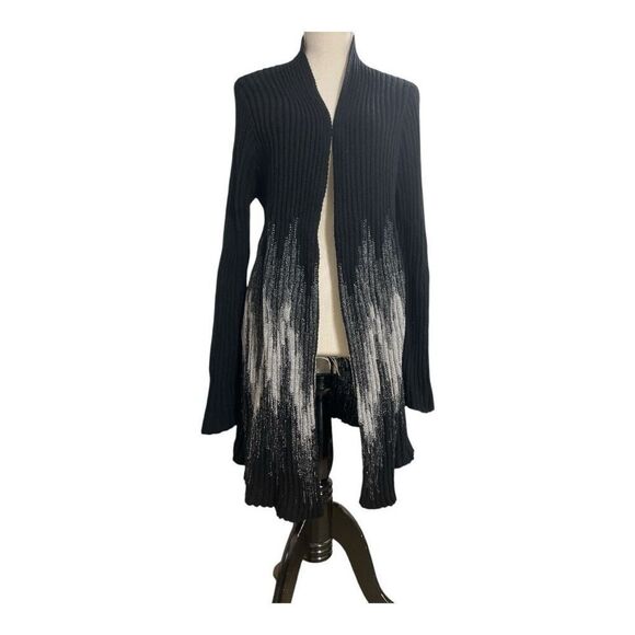 Chico's Wool Blend Black Grey Ribbed Knit Open Front Long Cardigan Size 2(12) - Picture 2 of 11